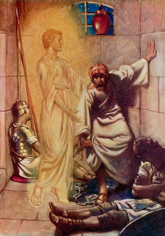 Se, Herrens engel kom over ham, og et lys skinnede i fængslet, Sankt Peter, Apostlenes Gerninger XII, 7 (farve litho) af English School