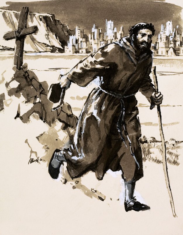 I troen på, at han havde opdaget El Dorado, rejste en broder et kors for at gøre krav på den skinnende by (gouache på papir) af English School