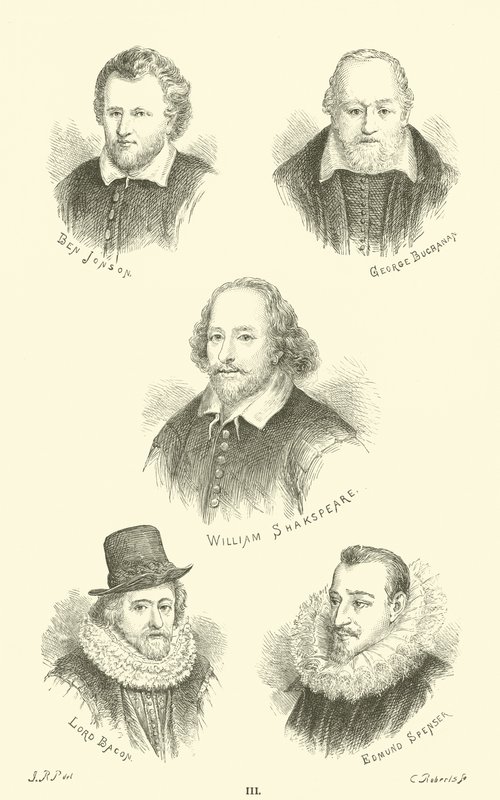 Ben Jonson, George Buchanan, William Shakespeare, Lord Bacon, Edmund Spenser af English School
