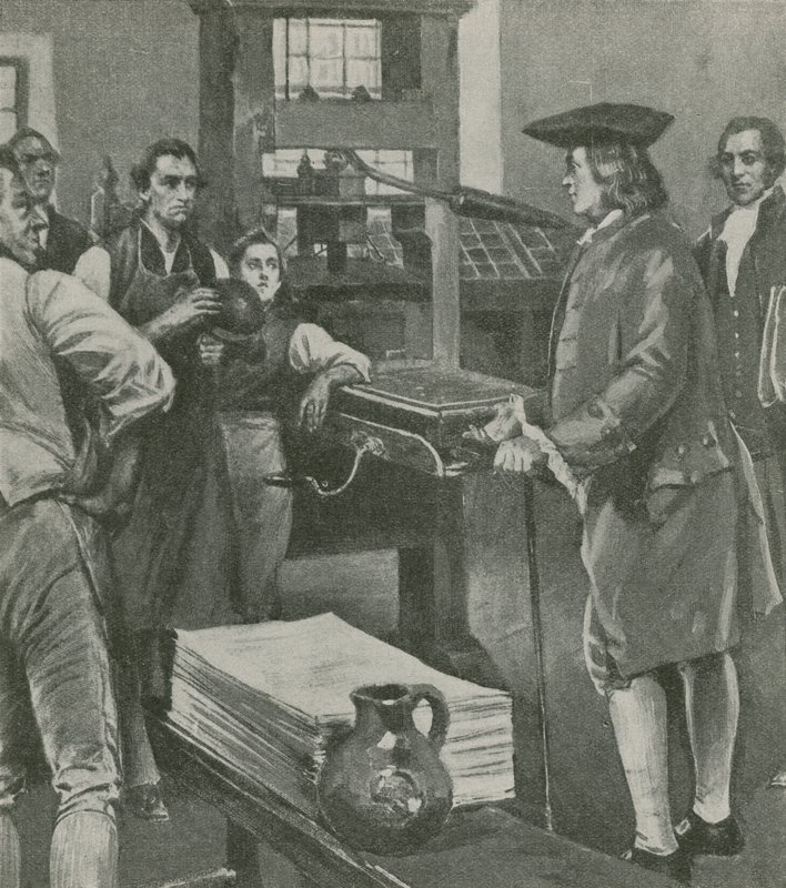 Benjamin Franklin besøger sine gamle mestre trykkerier i London af English School