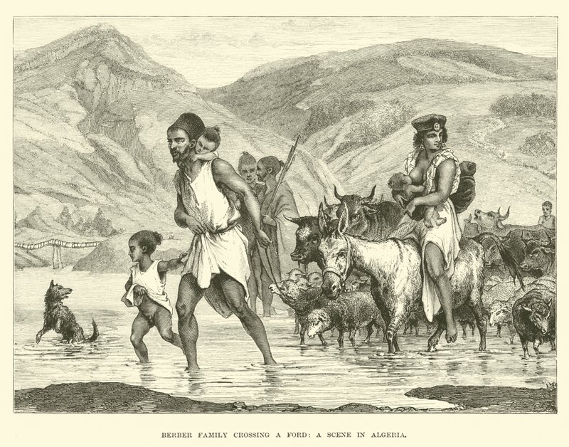 Berberfamilie krydser et vadested, en scene i Algeriet af English School