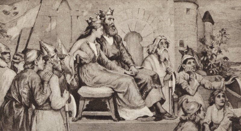 Bertha, kone til Aethelbert, konge af Kent (litho) af English School