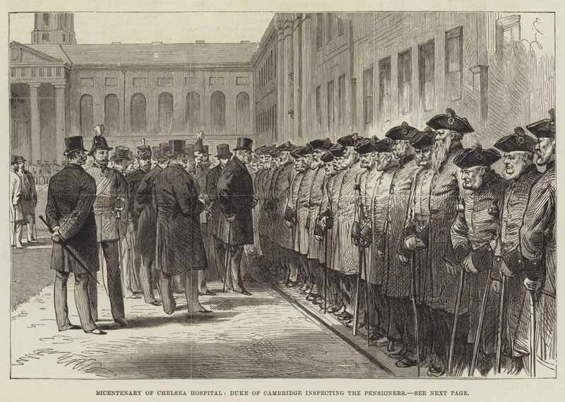 200-års jubilæum for Chelsea Hospital, hertug af Cambridge inspicerer pensionisterne (gravering) af English School
