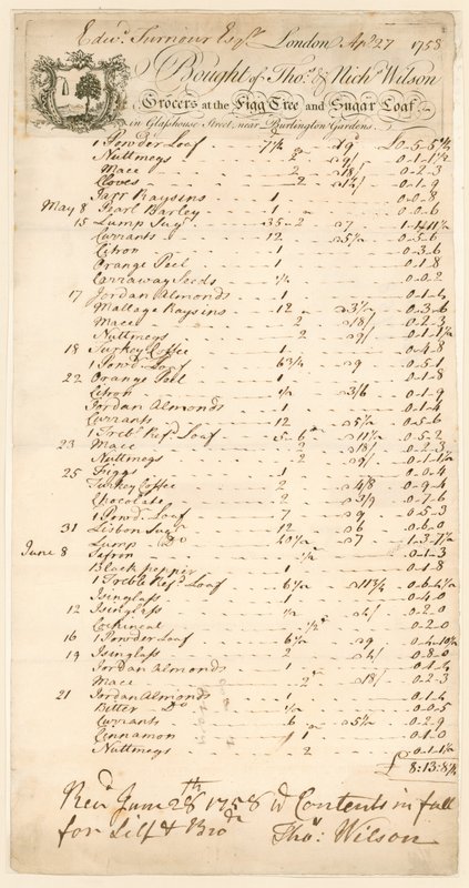 Regning for varer købt hos Thomas & Nicholas Wilson, købmænd af English School