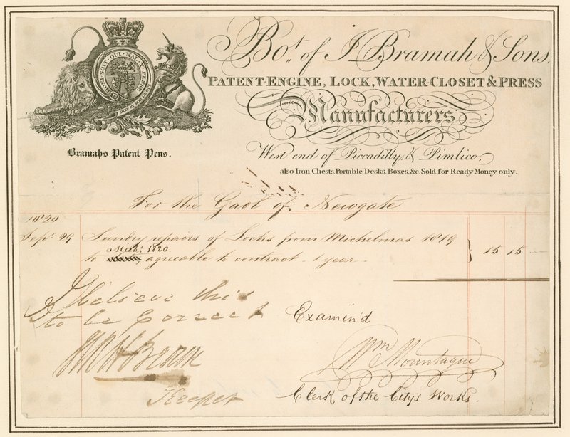Regning for reparationer af låse i Newgate fængsel. Underskrevet af Keeperen af English School