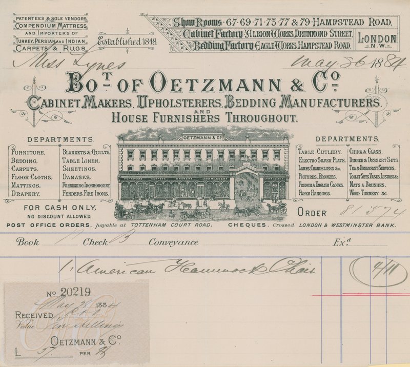 Bill fra Oetzmann & Co, møbelsnedkere, møbelpolstrere, sengetøjsproducenter og husmøblere af English School