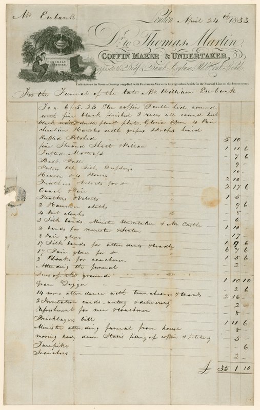 Bill fra Thomas Martin, Coffin Maker & Undertaker i forbindelse med begravelsen af Mr. William Eubank af English School