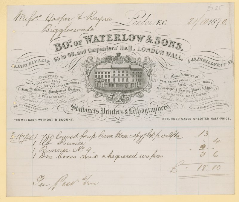 Bill fra Waterlow and Sons, 66-68 Carpenters Hall, London Wall, papirhandlere af English School
