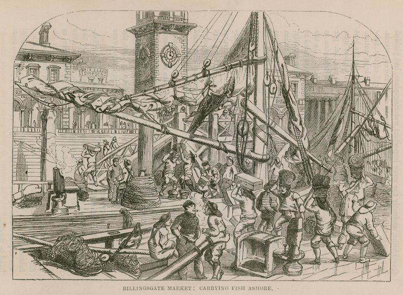 Billingsgate Market, der bærer fisk i land af English School
