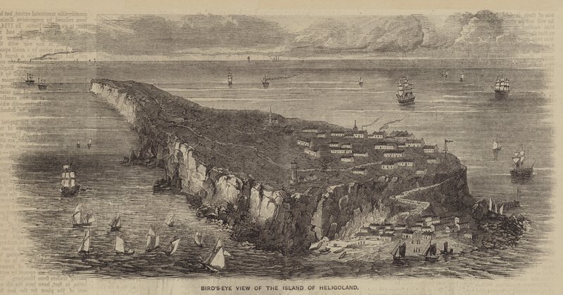 Fugleperspektiv af øen Helgoland (gravering) af English School