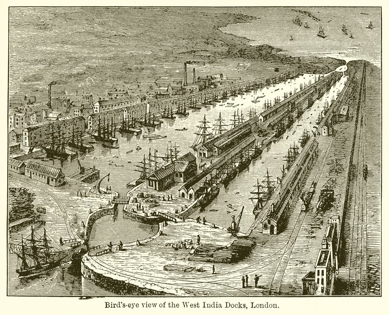 Birds Eye View af West India Docks, London af English School
