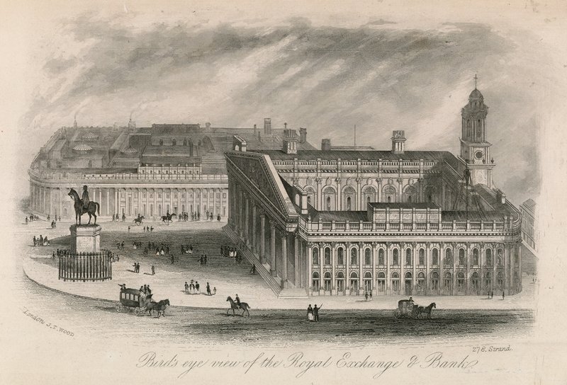 Fugleperspektiv af Royal Exchange og Bank af English School