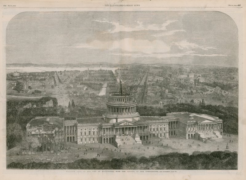 Fugleperspektiv af byen Washington, med Capitol i forgrunden af English School