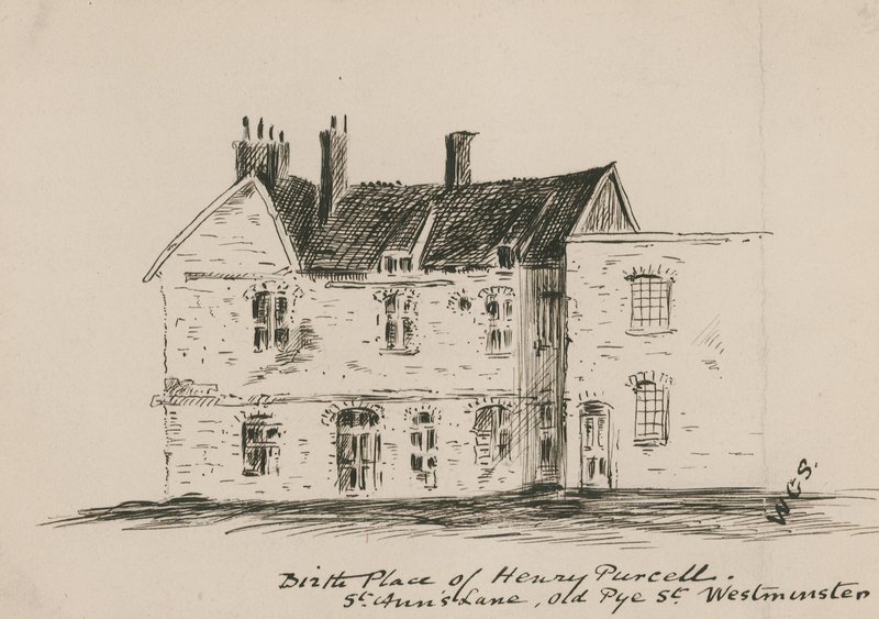 Fødested for Henry Purcell, St Anns Lane, Old Pye Street, Westminster (blæk på papir) af English School