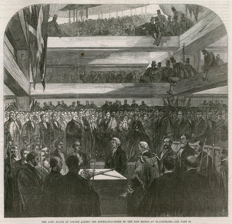Blackfriars Bridge. Ceremoni for nedlægning af grundstenen, 20. juli 1865 af English School