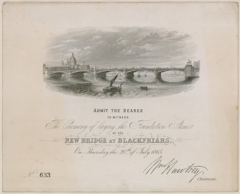 Blackfriars Bridge. Invitation til ceremoni for nedlæggelse af grundstenen, 20. juli 1865 af English School