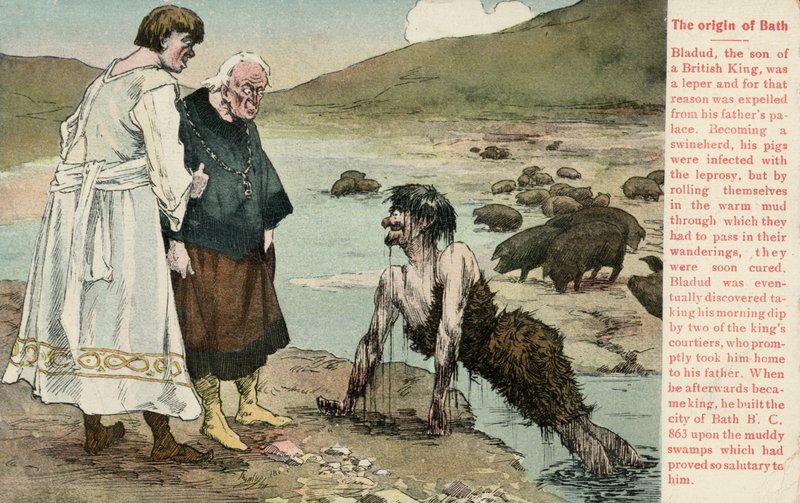 Bladud, en legendarisk konge af briterne, der siges at have grundlagt byen Bath (farve litho) af English School