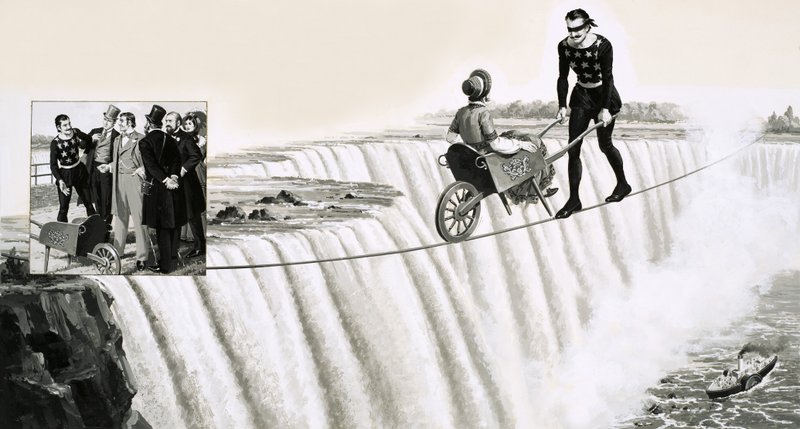 Blondin (Francois Gravelet) skubber en trillebør hen over en stram reb over Niagara Falls af English School