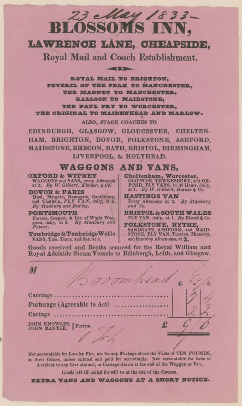 Blossoms Inn, Lawrence Lane, Cheapside, Bill af English School