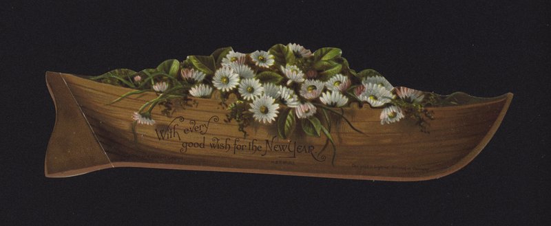 Båd fyldt med tusindfryd, nytårshilsen, slutningen af det 19. eller begyndelsen af det 20. århundrede (chromolitho) af English School
