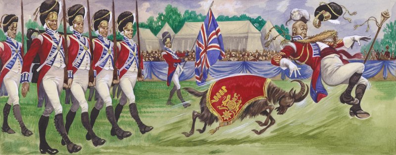 Bobbie, en regimentsmaskot, slår trommemajoren af English School