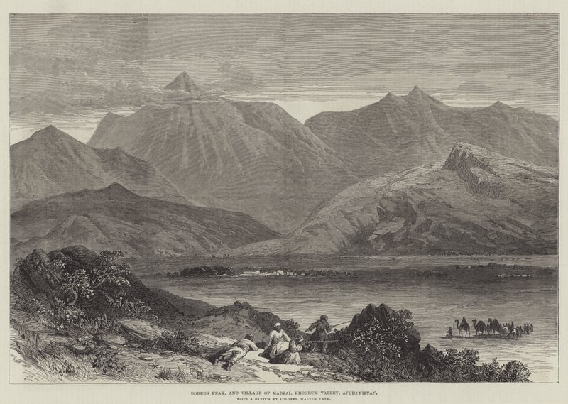 Bodeen Peak og Village of Madzai, Khoorum Valley, Afghanistan (gravering) af English School