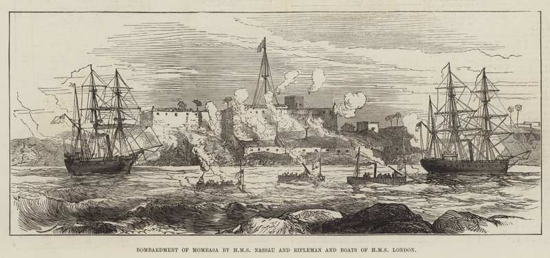 Bombardement af Mombasa af HMS Nassau og Rifleman and Boats of HMS London (gravering) af English School