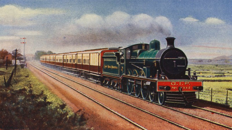 Bombay-Calcutta Mail på Great Indian Peninsula Railway (farvelitografi) af English School