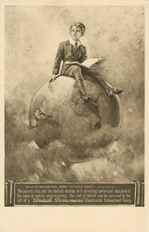 "Book of Beginnings, Story without End", annonce for uddannelses-bevillingspolitikker fra British Dominions Insurance Company (litho) af English School