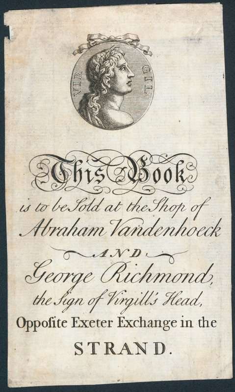 Bogplade, denne bog skal sælges i Abraham Vandenhoecks og George Richmonds butik af English School