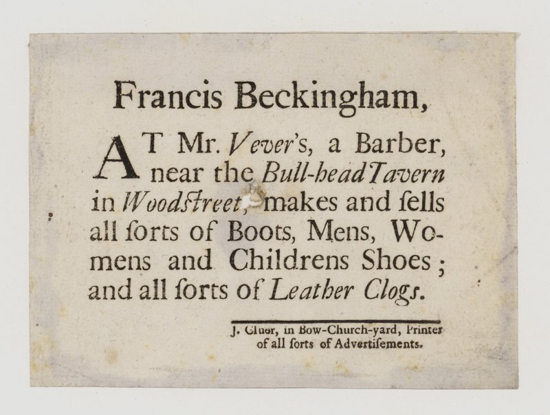 Støvle og skomagere, Francis Beckingham, handelskort af English School