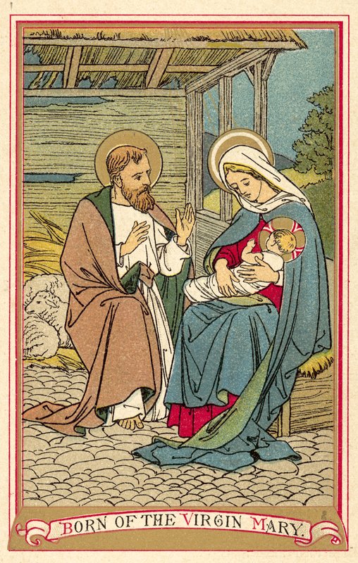 Født af Jomfru Maria (farve litho) af English School