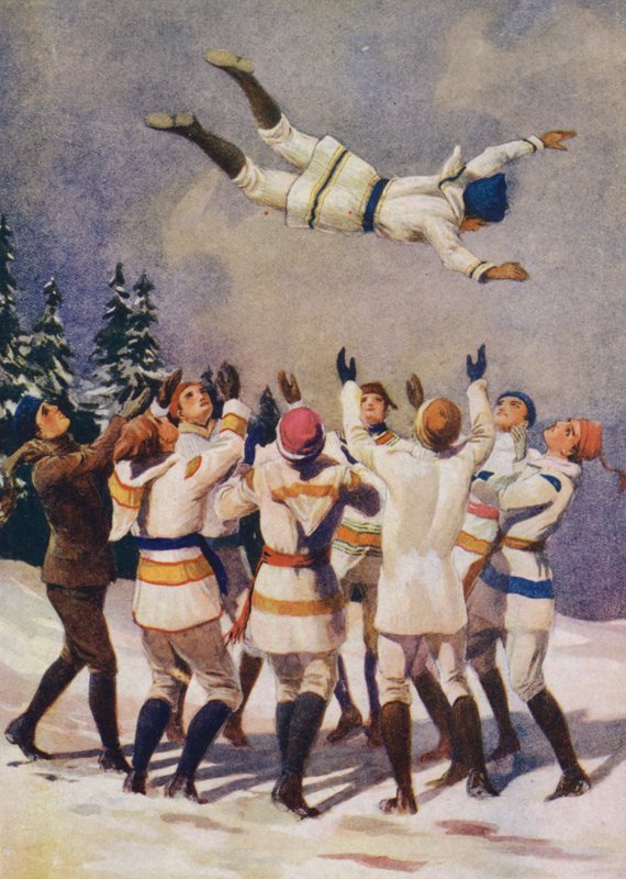 Bouncing, en canadisk vintersport (farve litho) af English School
