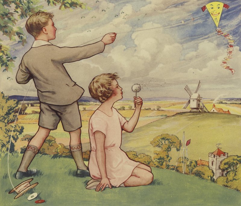 Dreng og pige flyver med drage (farvelitografi) af English School
