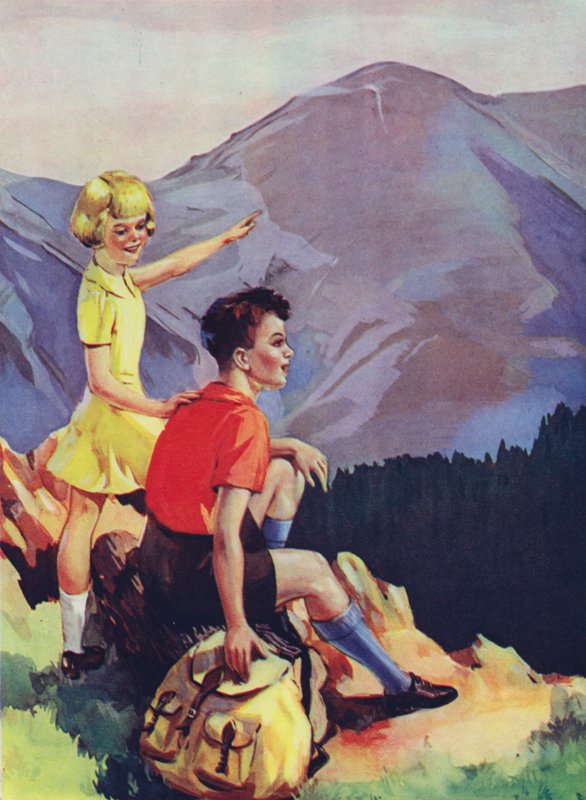 Dreng og pige vandrer i bjergene (farve litho) af English School