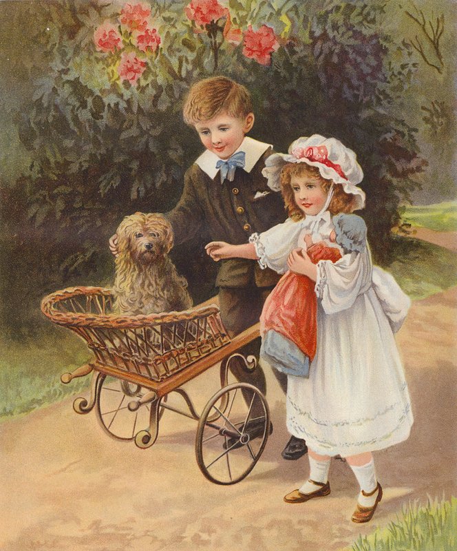 Dreng og pige skubber deres hund i en vogn (chromolitho) af English School