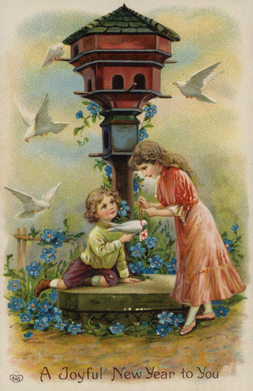 Dreng og pige sender julehilsener med due (chromolitho) af English School