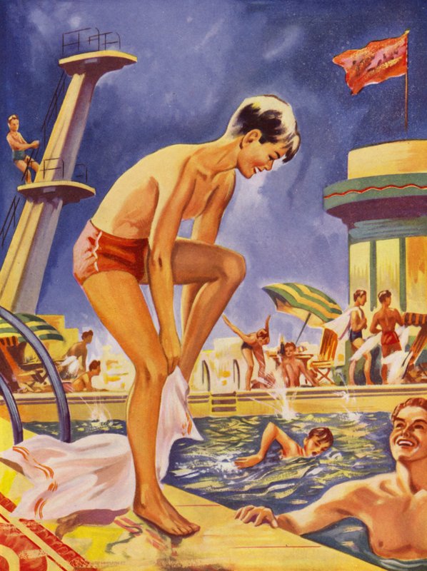 Dreng tørrer sig ved swimmingpoolen (farve litho) af English School