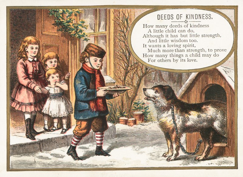 Dreng fodrer hund i kennel, julekort af English School