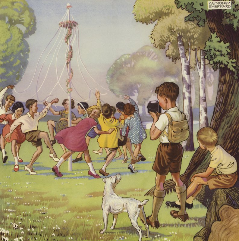 Dreng, der filmer børn, der danser omkring en majpæl (farve litho) af English School