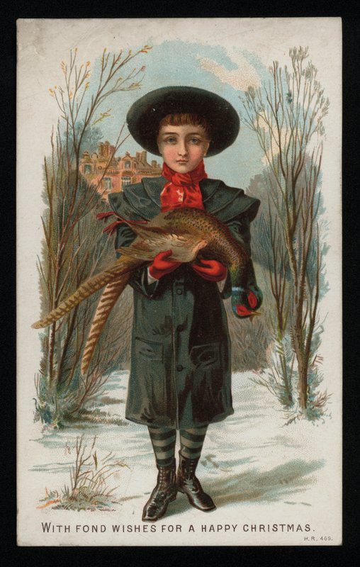 Dreng holder en fasan, julehilsenskort. (chromolitho) af English School