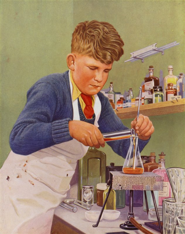 Dreng udfører et kemieksperiment (farve litho) af English School