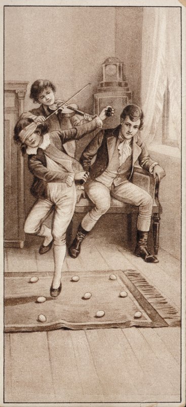 Dreng spiller et spil, hvor han skal forsøge at undgå at træde på æg med bind for øjnene (litho) af English School