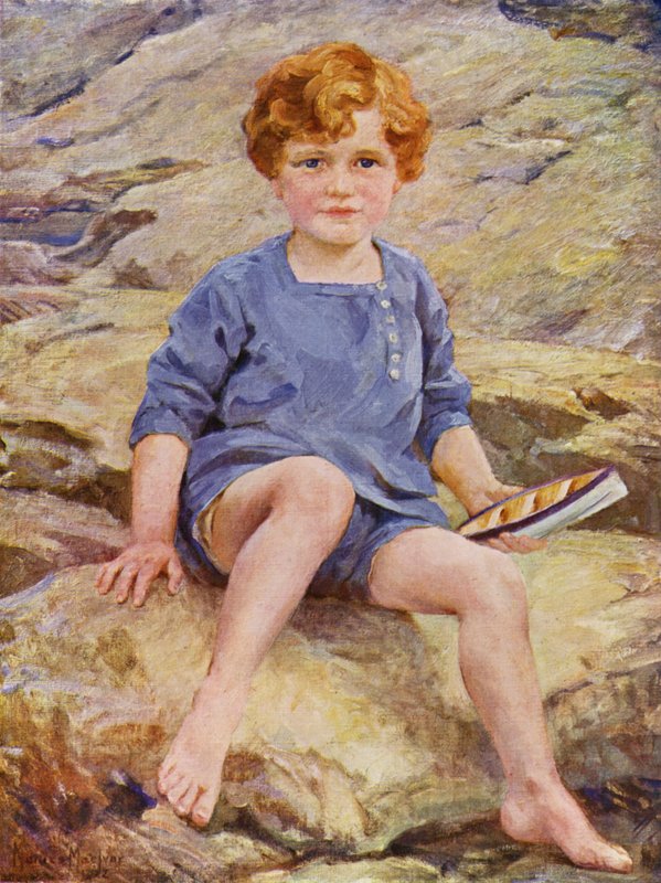 Dreng leger i klippebassiner med en legetøjsbåd (farve litho) af English School