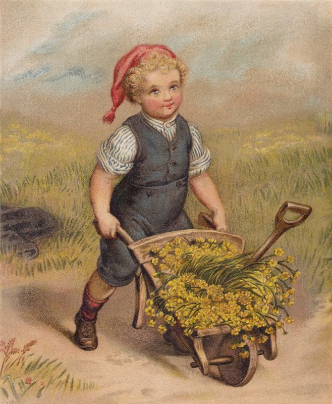 Dreng skubber en trillebør fuld af blomster (chromolitho) af English School