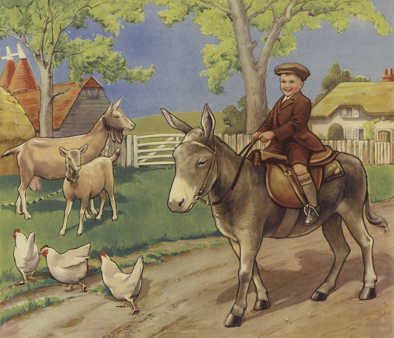 Dreng rider på et æsel i det engelske landskab (farve litho) af English School