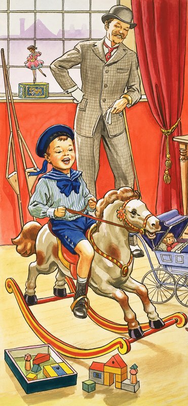 Dreng rider på en gyngehest af English School