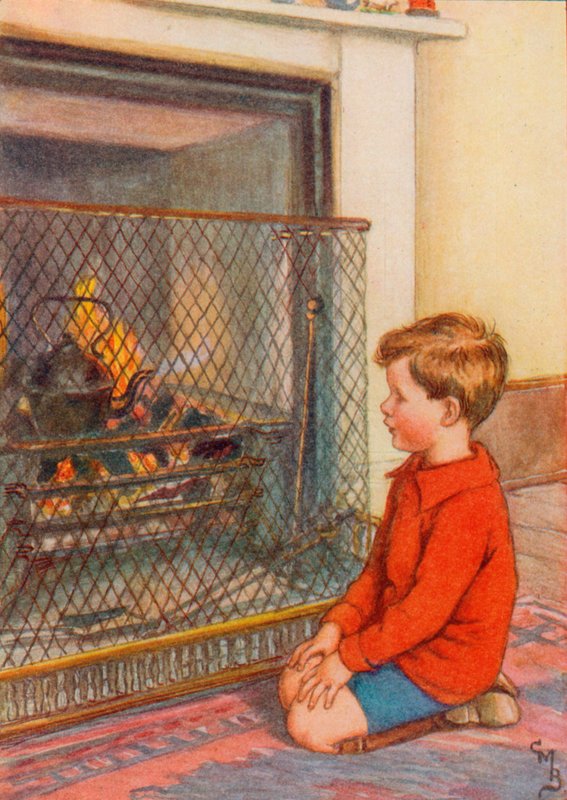 Dreng venter på, at en kedel koger (farve litho) af English School