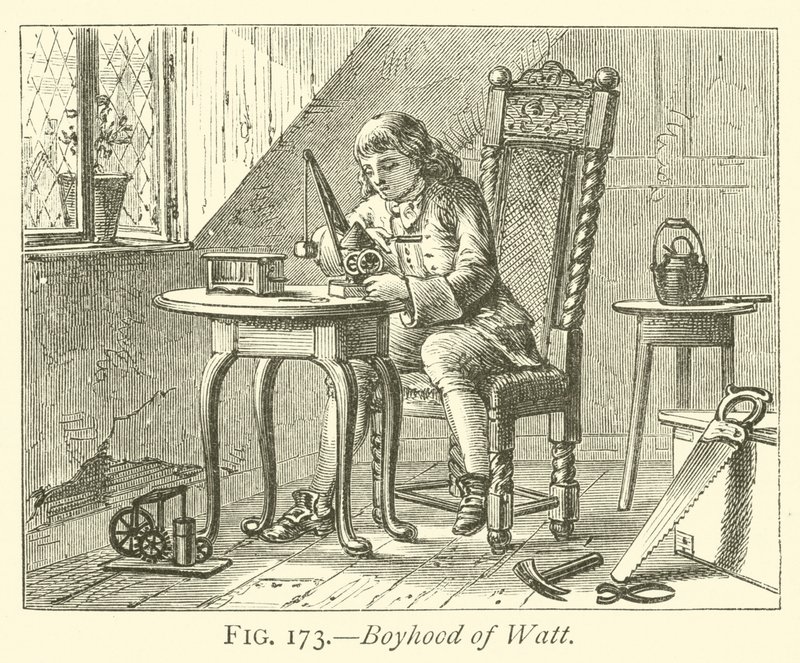 Boyhood of Watt (gravering) af English School