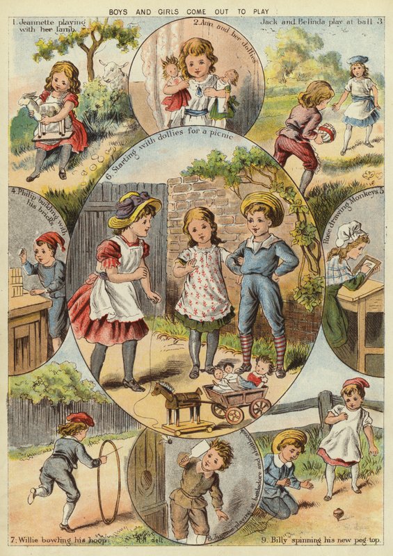 Drenge og piger kommer ud for at lege (chromolitho) af English School